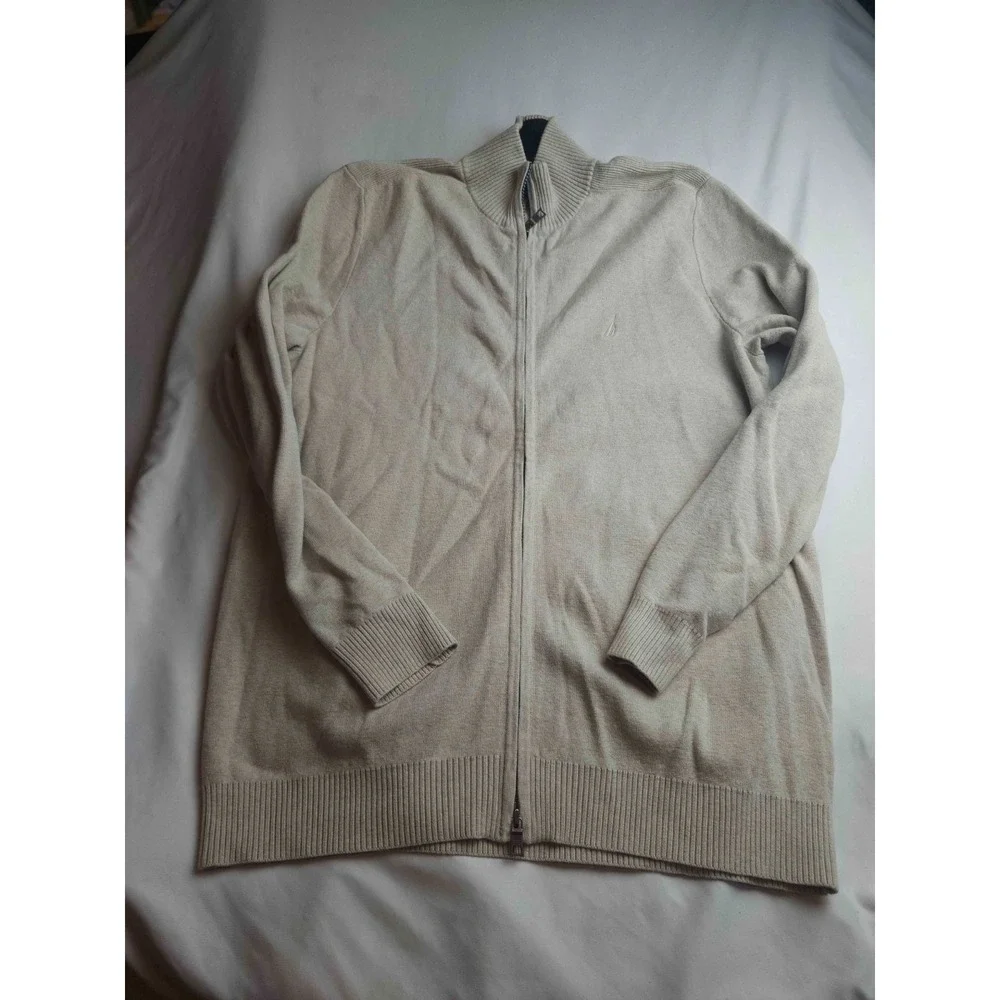 Nautica Full Zip Sweater Mens Size XL Beige Knit Mock Neck Long Sleeve Casual